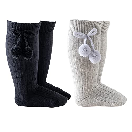 2 Pairs Baby Boys Girls Knee High Socks with Pompom Long Stockings Infant Toddler Cotton Socks