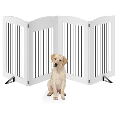 ROOMTEC Freestanding Dog Gates, 32" Height Foldable Tall Dog Fence Indoor, 80" Wide Pet Gate for Stairs,Doorways,Expandable Dog Barrier,4 Panels Cover
