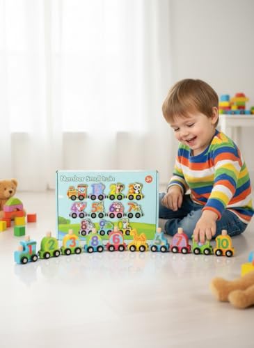 ZAIN 12 PCS Wooden Train Set Toy Wooden Magnetic Number Trai...