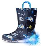 HugRain Toddler Boys Rain Boots Little Kids Baby child Light Up Waterproof Rubber Shoes Police Car Printed Mud Lightweight Adorable with Easy-On Handles Non Slip Sole Blue Navy Size 13
