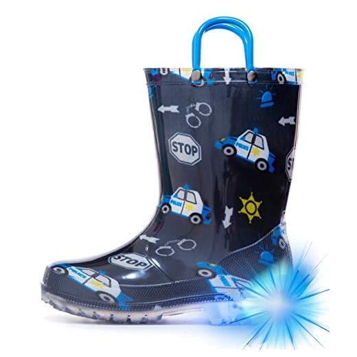 HugRain Botas De Chuva Para Meninos, Calçados Borracha Impermeáveis Com Luzes, Estampa Carro Polícia, Leves E Adoráveis, Alças Fáceis Calçar, Sola Antiderrapante, Azul Marinho, Tamanho 5
