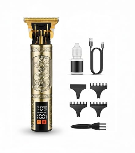 Maquina Cortar Pelo Hombre – Maquina de afeitar Hombre, Profesional, Inalámbrica, Pantalla LCD, Carga USB Tipo C, Cuerpo Metálico Dorado, Motor Potente, Peines Incluidos