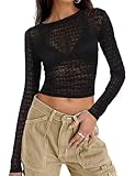 Women Long Sleeve Stretchy Mesh Top Slim Crop Shirt Y2k Lace T Shirts Black L