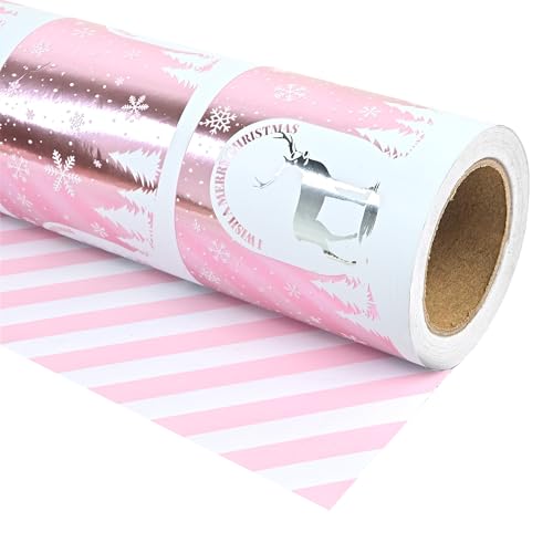 Altarho Christmas Wrapping Paper Mini Roll 17 inch X 16.5 Feet Printed on Pink Metallic Foil Paper - Reversible Reindeer and Stripe for Xmas, Holiday, Party Celebration (Pink Christmas Foil, 17 Inch X 16.5 Feet)
