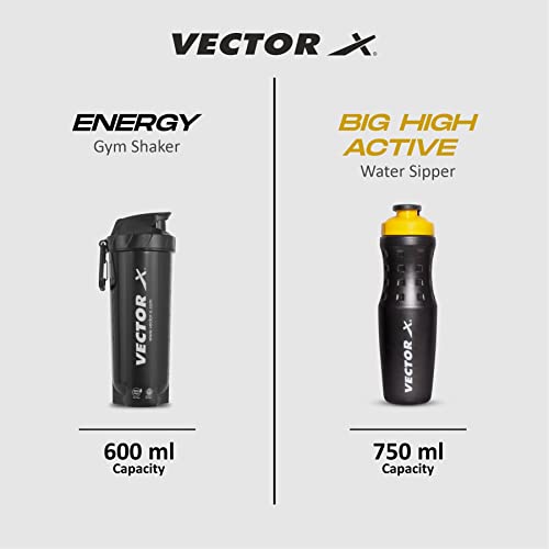 Image of Vector X Energy Shaker & Active Bottle for Protein Shake Gym Sipper Shaker 750 ml (Pack of 2, Black, Plastic)