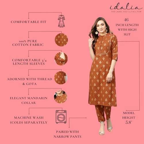 Image of Idalia Mustard Brown Straight Cotton Indian Kurta Set for Women