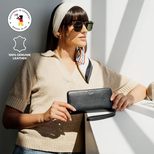 Image of BERLINER BAGS Genuine Leather Zip Wallet Women Lyon, Gift Box - Black | Soft Leather Zip Around Wallet, Fits up to Phone 6.9 inch, 15 Card Slots, 1 ID Window, 3 Bill Slots, 1 Coin Pocket, RFID Blocking