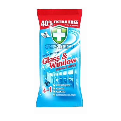 HOCHSTE Green Shield Quick Drying Glass & Window Surface Wipes Removes Stains and Dirt Fast Smear Free Cuts Through Grease Easy to Use Pack of 70 Large Wipes