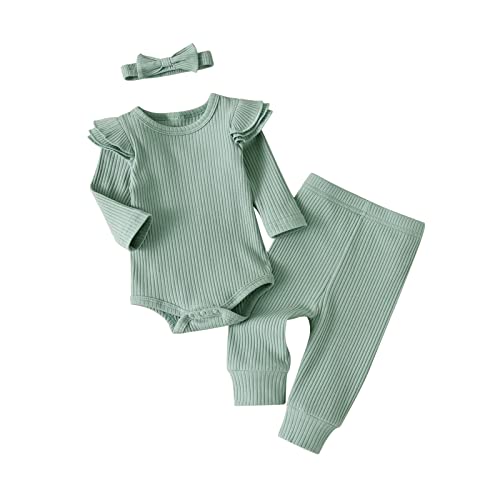 Image of Kulcerry Newborn Infant Baby Girl Clothes Solid Color Ribbed Long Sleeve Romper Pants Headband Outfits Set