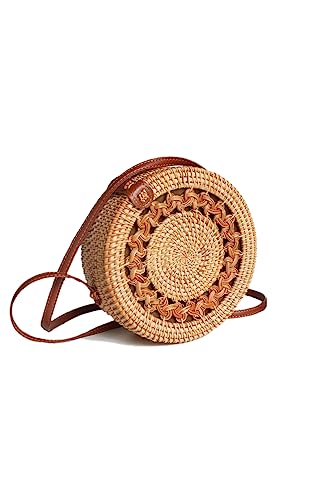 Ulisty Hohl-geschnitztes Design Rund Rattan Tasche Kreis Strohbeutel Handgefertigte Tasche Weben Korb Handgewebte Tasche Sommer-Strandtasche Schultertasche Umhängetasche für Damen/Frauen Khaki Futter