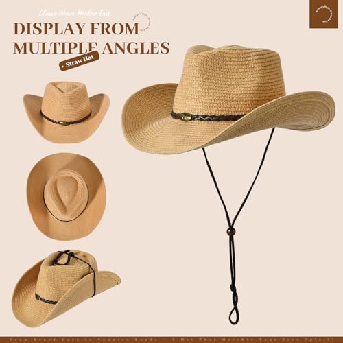 Image of Western Straw Cowboy Hat for Women Beach Sun Hat for Men Wide Brim Fedora Hat Cowgirl Hats Summer Panama Hat