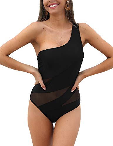 Blooming Jelly Womens Sexy One Piece Bathing Suits One Shoulder Swimsuit Mesh Slimming Swimwear?S,Black?