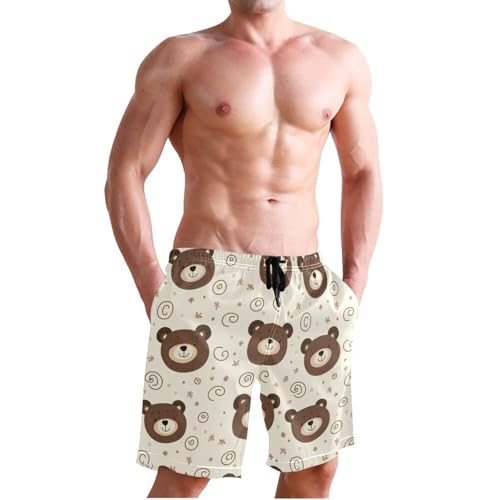 Quick Dry Cartoon Bear Faces Men's Swimming Shorts Swim Trunks with Mesh Lining Beach Wear - S3