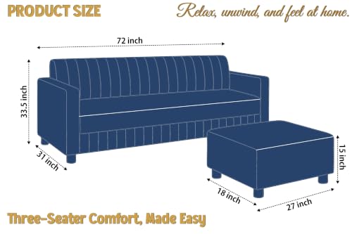 Image of 3 Seater Velvet Sofa with Ottoman | Modern Upholstered Couch | Comfortable Living Room Sofa | Durable & Stylish Seating for Home, Office & Guest Room - Blue Color