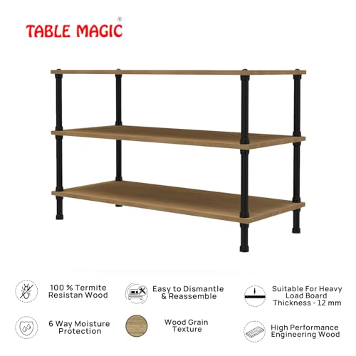 Image of TABLE MAGIC Jazz Shoe Rack Wooden Organizer | 3-Tier Multipurpose Shoes Stand for Home Wooden Shelves with & Steel Frame, Space-Saving Home Organizer, D30 x W60 x H46cm - Golden Teak