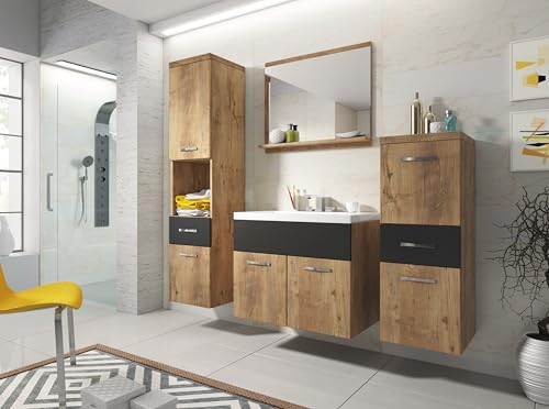 Slavia Maison Ensemble de Meubles de Salle de Bain Alba, Meuble Salle de Bain avec Vasque et Miroir, Salle de Bain Complete Suspendue, Armoires et Tiroirs,...