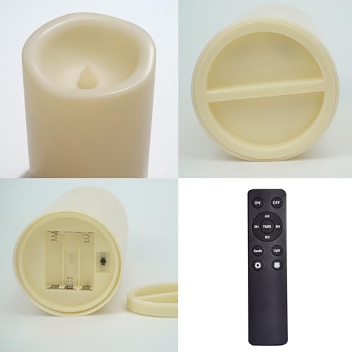 Image of CANDLE CHOICE Large Waterproof Outdoor Battery Operated Flameless Candles Remote Timer Big Ivory Plastic Bright Flickering Electric LED Pillars Lantern Patio Garden Wedding Decoration 4 inch(D)x8 inch(H) 2PCS