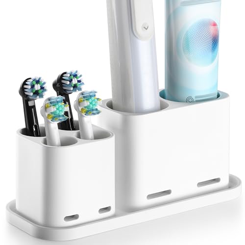 Gsocel Soporte Cepillo de Dientes,Portacepillos de Dientes Eléctrico,Porta Cepillos Dentales de Baño para 4 Cabezales Cepillo y 2 Pasta de Dientes,Blanco