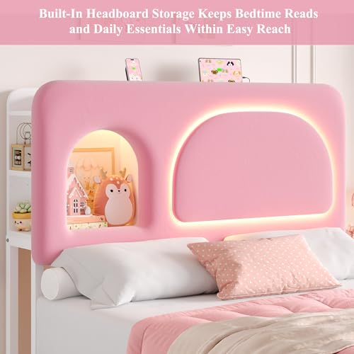 Image of Keyluv Full Size LED Bed Frame for Grils with Storage Bookcase Headboard&Charging Station, Velvet Upholstered Platform Bed with 2 Large Drawers&USB Ports, Sturdy Metal Support, No Box Spring Need,Pink