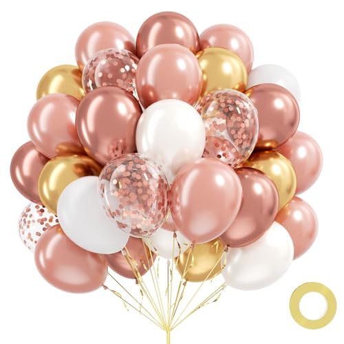 60pcs Rose Gold Balloons 12inch Pearl Metallic Rose Gold Confetti Pearl White Balloons for Wedding Bridal Baby Shower Birthday Party Decorations for Women