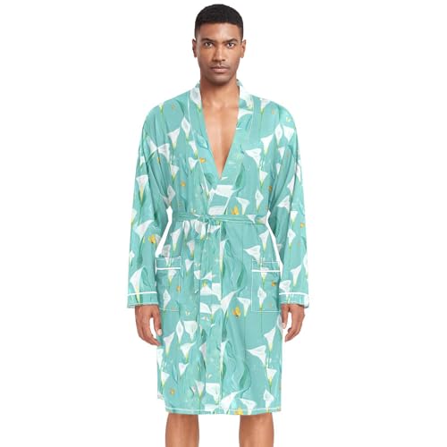 Amooorous Chic Calla Lily - Albornoz con capucha para hombre, diseño de flores turquesas, vestido ligero para el hogar, camisa de dormir para hombre, albornoz con capucha para hombre, para hospital