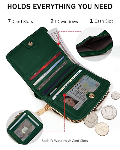 Image of Small Bifold Wallets Woman RFID Mini Wallet for Women Slim Card Holder with Zipper Coin Pocket & 2 ID Windows(Dark Green)