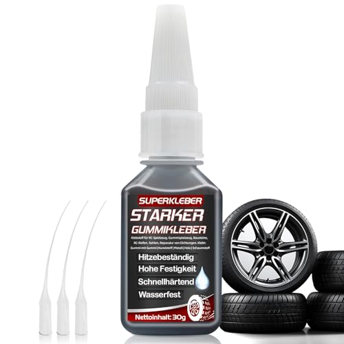 Gummikleber Extra Stark Wasserfest 30g, Schwarzer Gummi Kleber mit Starker Bindung für Gummiprodukte, Reifen, Schuhe, Gürtel, Schläuche und Bastelarbeiten, mit 3 Anti-Trocknungsspitzen