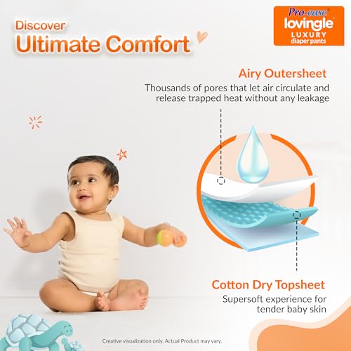Image of Pro-ease Lovingle Luxury Wrapper Baby Diaper|Pant Style Diaper for Baby|Diaper L Size|2X preference on Absorption*IAdvanced Leakage Protection|Wetness Indicator|Easy Throw Tape|9-14 Kg|50 Pieces.