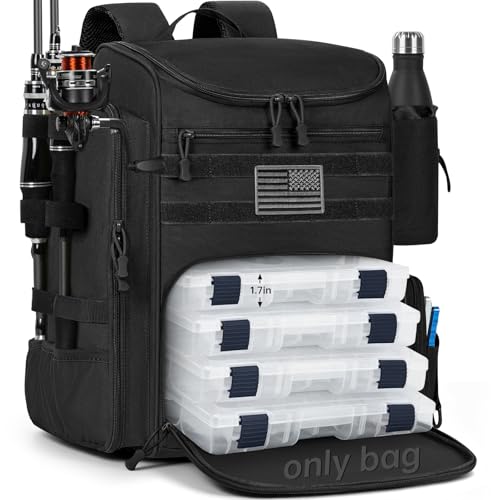 WELIDAY Mochila de pesca de 25L resistente à água com 2 suportes de vara, bolsa de armazenamento para pescadores, Preto, 31 Cm X 47 Cm, Tradicional