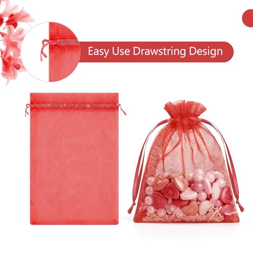 Image of FUNFERY 100Pcs Red Organza Bags 3x4 in,Small Mesh Drawstring Gift Bag | Little Jewelry Bags for Wedding Party Favors, Mini Drawstring Pouch for Sachet, Candy, Goodie, Treat Bag for Easter Day
