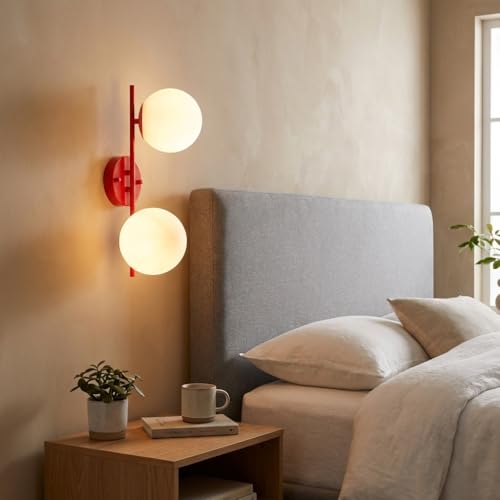 BARCELONA LED Applique Murale ou Plafonnier Double Boule en Verre Opale E27, Lampe Métal Rouge Style Vintage Industriel Minimaliste, Lumière Douce Chambre...