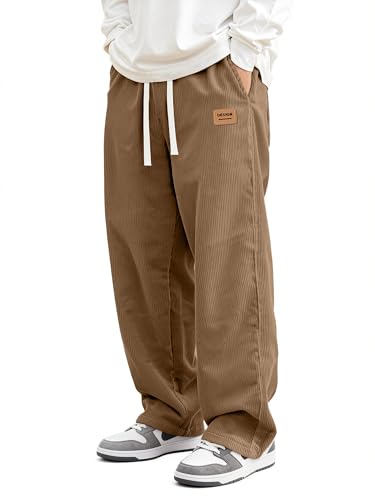 JEMLDL Mens Corduroy Work Pants Drawstring Elastic Waist Casual Pants Baggy Sweatpants with Pockets Khaki XL