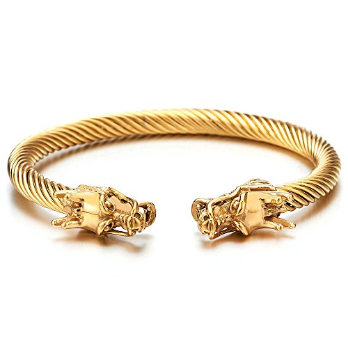 COOLSTEELANDBEYOND Elastic Adjustable Mens Steel Gold Color Dragon Head Twisted Cable Bangle Cuff Bracelet, Polished