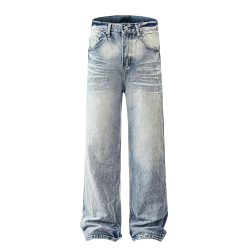 Jeans Pants Trousers Denim Retro Trendy Street Washed Blue Grinding Fading Casual Commuter Straight Leg for Men