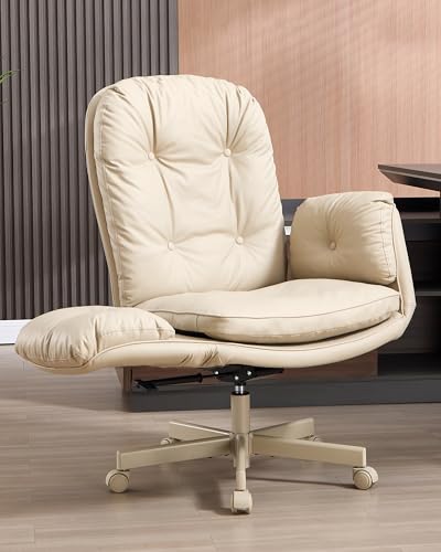 LukkDys Executive Office Chair, Big & Tall 400 lbs Capacity, Wide Seat, PU Leather, 5-Gear Lay-Flat Armrests (90°–180°) for Cross-Legged Comfort, 90–115° Recline, High Back Desk Chair, Beige