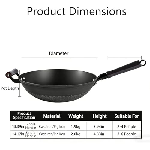 Wok de hierro fundido con tapa, 13.39"/14.17" acero al carbono pre-sazonado miniatura 2