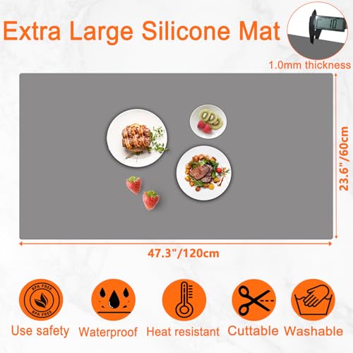 Image of 47.3''x23.6''(120cmx60cm) Extra Large Silicone Mat for Kitchen Counter, Heat Resistant Countertop Protector, Non-Slip Waterproof Kitchen Island Mat, Easy to Clean, Black