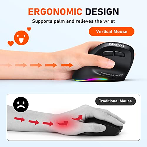 Meetion Left-Handed Mouse, Ergonomic Mouse Wireless Vertical Mouse, Rgb Rechargeable Mice For Bluetooth(5.2 + 3.0) & Usb-A With Type-C Adapter 4 Adjustable Dpi For Mac/Windows/Andriod/Pc/Tablet/Ipad #TOP1