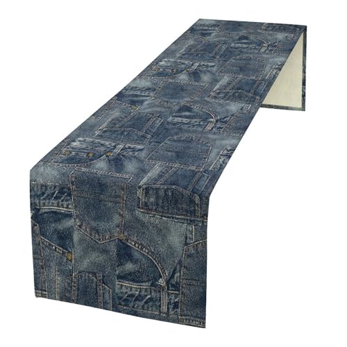Denim Patchwork Style Table Runner, Fashionable Blue Denim Jean Pocket