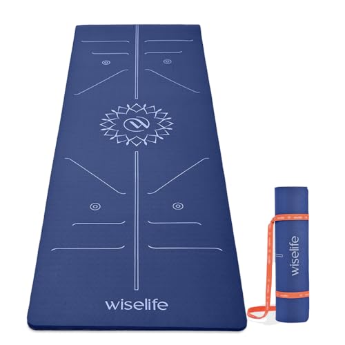 Image of WiseLife TRUE Body Lotus Alignment Yoga Mat + Sleek Yoga Strap for Men & Women | Non-Slip, Extra Wide ECO TPE Exercise Mat for Home, Pilates, Gym & Fitness (Blue 10 mm)