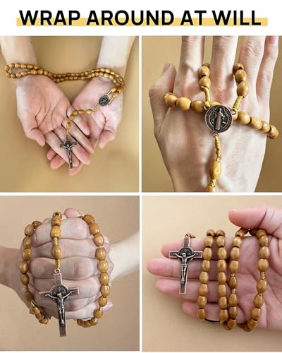 Image of Bovemee Saint Benedict Medal Prayer Pocket Rosary Catholic Brown Wood Beads with Medalla de san benitol and Crucifix, 9 Inch