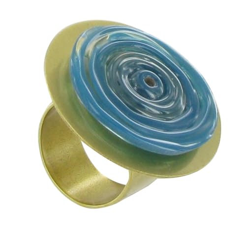 Bague Disque en Laiton d'Exception et Pâte de Verre Bleu Mer