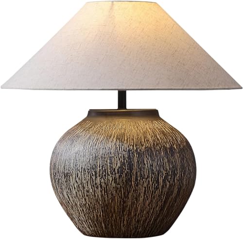 Rustic Farmhouse Ceramic Table Lamp with Checkered Shade