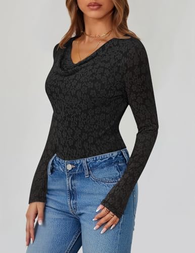 ZESICA Women's Long Sleeve Floral Tops Cowl Neck Slim Fit Going Out Shirts 2025 Fall Fashion Outfits Clothes3