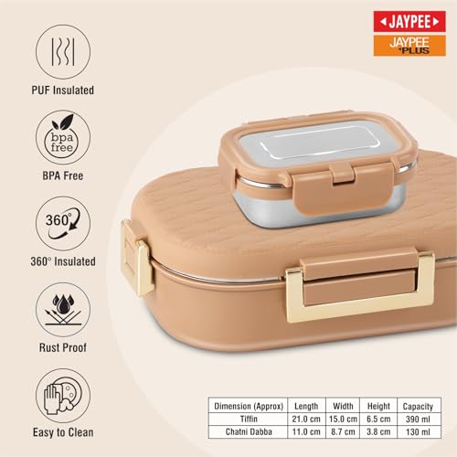 Image of JAYPEE Lux PU Insulated Stainless Steel Lunch Box for School Kids|Airtight Leakproof Lunch Box for Kids Boys & Girls |Unique Design 100% Food Grade |Lunch Box for Office use,580 ml, Brown