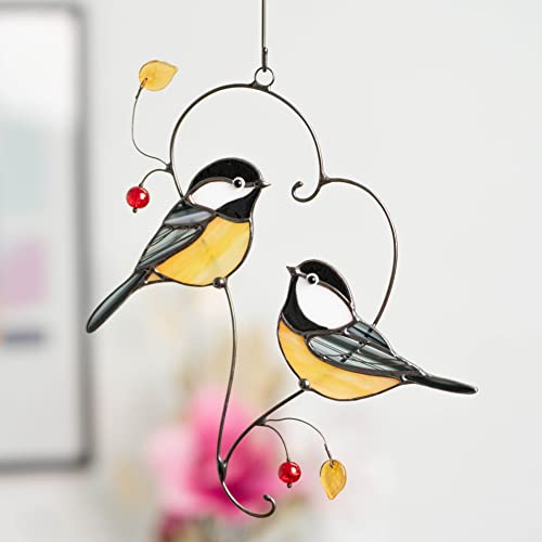 Couple of Chickadees Birds Handmade Stained Glass Suncatcher Genuine Stained Glass Window Hanging Unique Indoor Ornament & Outdoor Decor