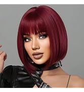 YOUNIGA Wine Red Bob Wig With Bangs 12 Inch Burgundy Wig Short Synthetic Fiber Bob Wigs for Women...