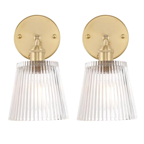Image of Shenmoyl Vintage Wall Sconces Set of 2 with Transparent Stripe Glass Lampshade 180 Degree Adjustable Brass Sconces Hradwired Modern Wall Lighting Fixture with Switch for Bedside Bedroom Doorway