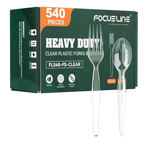 FOCUSLINE 540 Count Heavy Duty Clear Plastic Forks and Spoons Set - 270 Forks & 270 Spoons Solid and Durable Bulk Disposable Silverware for Catering Parties Events & Everyday Use