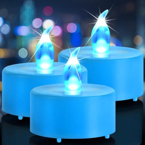 Nancia 24pack Batteriebetriebene flammenlose LED Teelichter Kerzen, realistische hell flackernde elektrische Teelichter Kerzen, Dose langlebig 200 Stunden Hochzeiten, Partys,Festivalsdekorieren blau